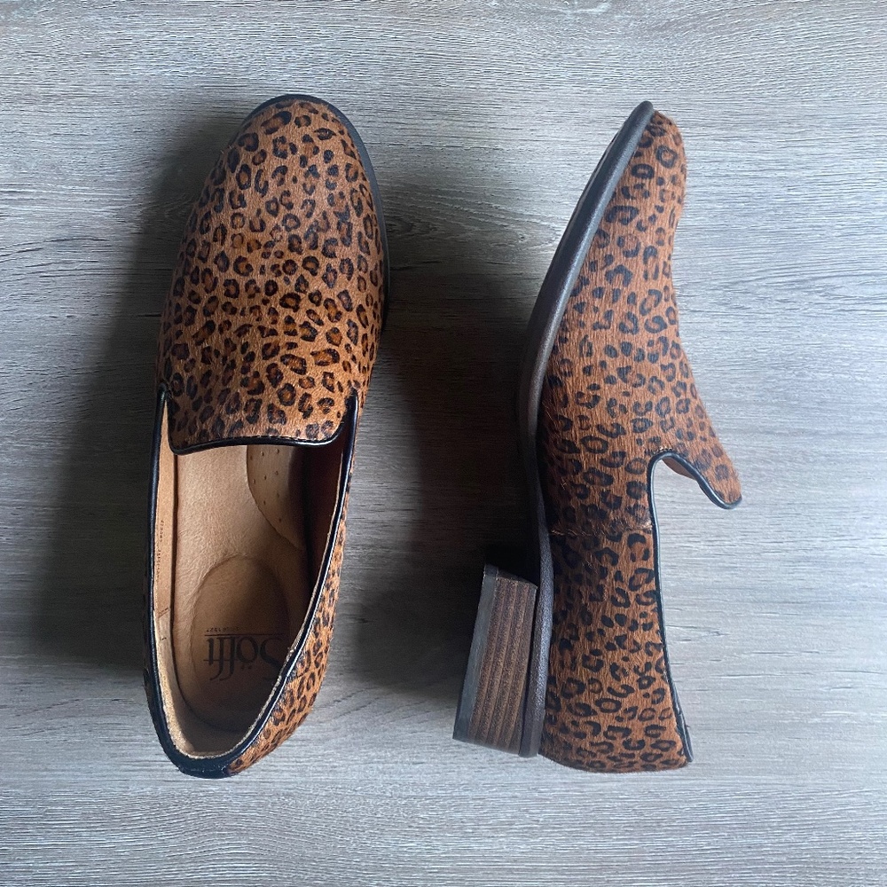 Sofft Severn Brown Leopard Print Calf Hair Loafers W's Sz 7M Comfort Office Mob